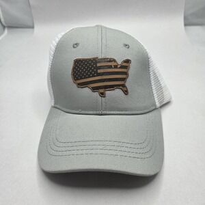 Alpha Outpost USA Flag Trucker Hat Gray White Mesh Snapback Patriotic